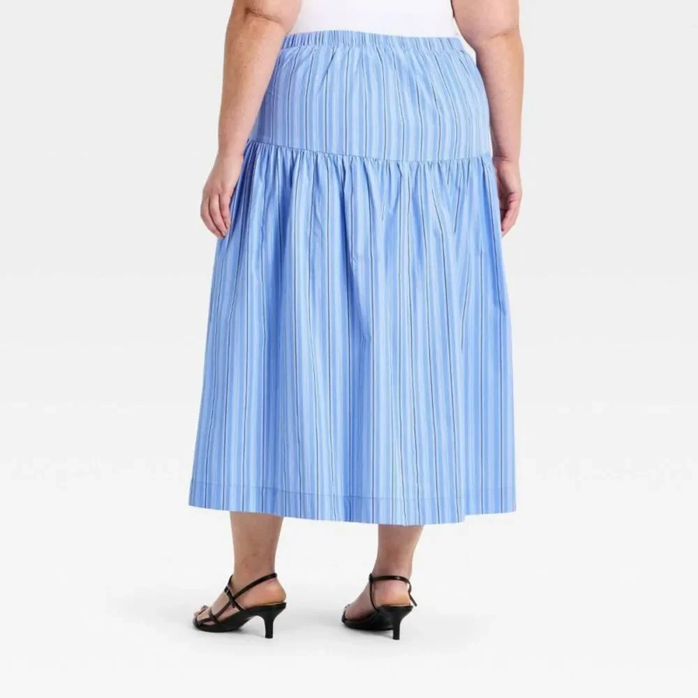 Women's Resort Poplin Drop Waist Midi Skirt - A New Day Blue Striped 1X